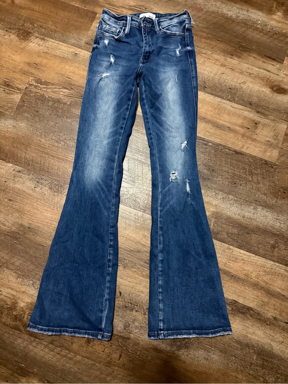 High-Rise Dark Blue Distressed Flare Jeans